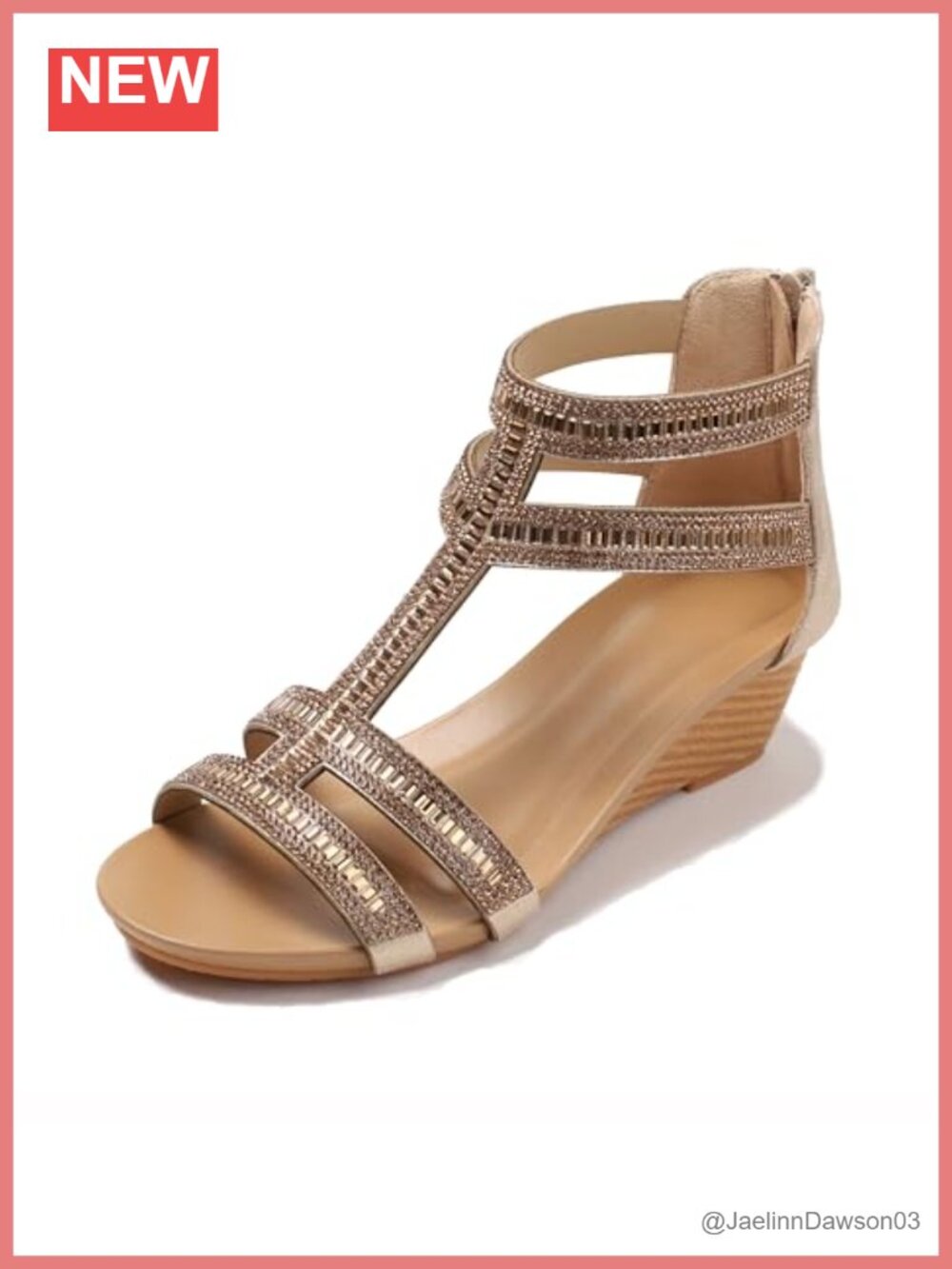 Women's Rhinestone Ankle Strap Wedge Sandals - Faux Leather, 2" Heel